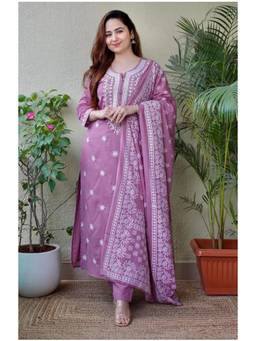 Gahan - Womens Viscose Floral Embroidered Straight Kurta and Pant with Dupatta - Purple