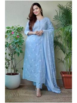 Gahan - Womens Viscose Floral Embroidered Straight Kurta and Pant with Dupatta - Blue