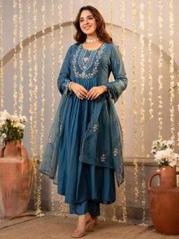 Gahan - Womens Silk Blend Hand & Embroidery Work Anarkali Kurta and Pant with Dupatta - Teal