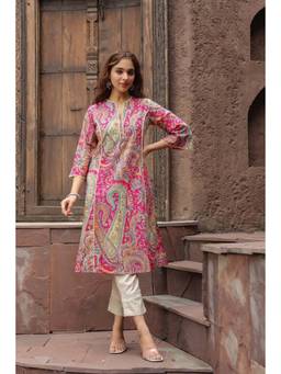 Gahan - Women Rani Pink Floral Printed Blend Cotton Kurta - Pink