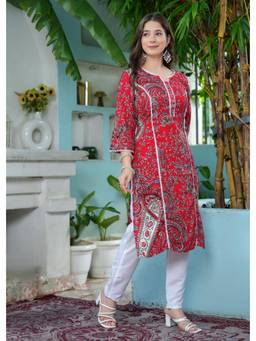 Gahan - Womens Cotton Blend Embroidered Straight Kurta and Pant with Dupatta - Red