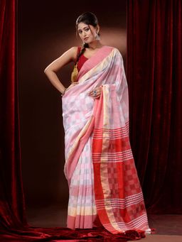 CHARUKRITI - White and Red Pure Cotton Checkered Geometric Patterns Saree with Unstitched Blouse