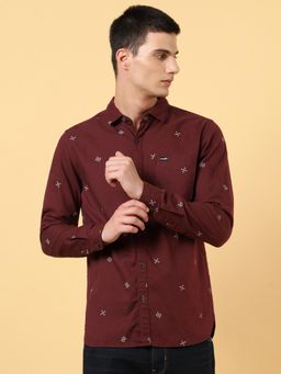 Wrangler - Mens Printed Maroon Casual Shirt