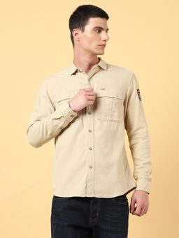 Wrangler - Mens Solid Beige Double Pocket Casual Shirt