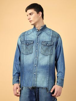Wrangler - Mens Solid Blue Western Casual Shirt