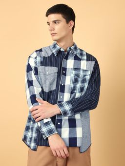 Wrangler - Mens Checks Blue Patch Work Casual Shirt