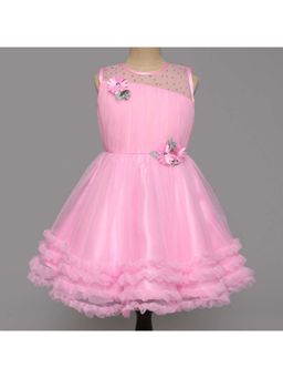 The Magic Wand - Sleeveless Flower Emebelished Ruffel Party Dress-Pink