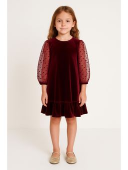 ZIP ZAP ZOOP - Girls Maroon Velvet Party Polka Dot Dress