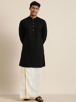 Vastramay - Mens Black & White Cotton Blend Kurta with Mundu (Set of 2)