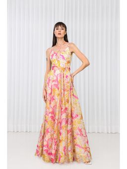 MANDIRA WIRK - Dahlia Bouquet Printed Chiffon Dress in Scuba and Lazer Details