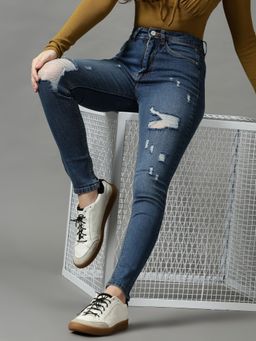 SHOWOFFFF - Womens Mildly Distressed Skinny Fit Blue Denim Jeans