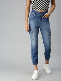 SHOWOFFFF - Women Ankle High Waist Blue Solid Joggers
