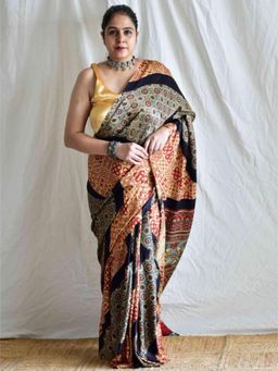 Sundarii - Muskaan - Ajrakh Black Hand Block Printed Gajji Silk Saree Without Blouse