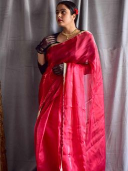 Sundarii - Paradisiac Red - Pink Organza Saree Without Blouse