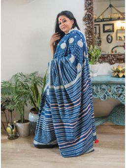 PRATHAA - Neelanjali Hand Block Print Handloom Cotton Saree Without Blouse