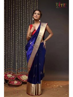 SUTRA CLOTHING - Blue Handloom Pure Silk Chanderi Saree with Unstitched Blouse