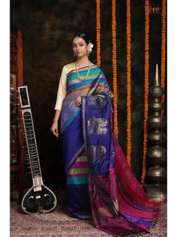SUTRA CLOTHING - Royal Blue Multi-Colour Kanchi Pattu Saree with Unstitched Blouse