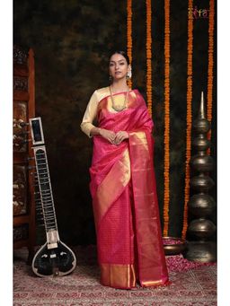 SUTRA CLOTHING - Handloom Hot Pink Kanchi Pattu with Gold Zari Checks
