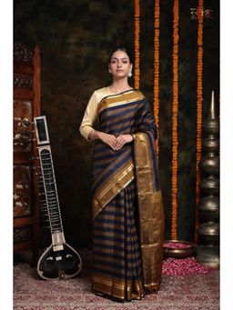 SUTRA CLOTHING - Handloom Ochre Mustard and Navy Blue Saree with Unstitched Blouse