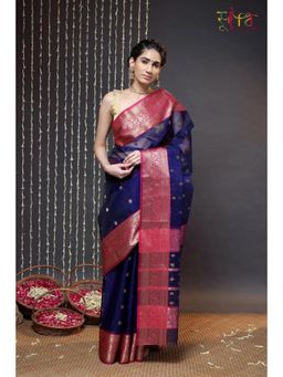 SUTRA CLOTHING - Navy Blue Handloom Chanderi Pure Katan Silk Saree with Unstitched Blouse