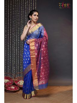 SUTRA CLOTHING - Navy Blue Handloom Katan Silk Chanderi Saree with Unstitched Blouse