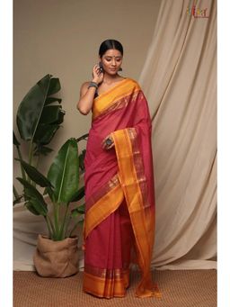 SUTRA CLOTHING - Handloom Candy Red Pure Cotton Kanchi Saree with Unstitched Blouse