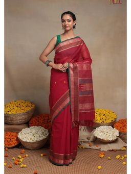 SUTRA CLOTHING - Handloom Red Pure Cotton Kanchi Saree with Unstitched Blouse