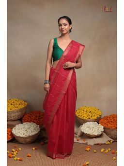 SUTRA CLOTHING - Handloom Raspberry Red Pure Cotton Kanchi Saree with Unstitched Blouse