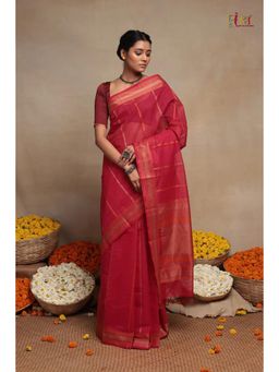 SUTRA CLOTHING - Red Handloom Kanchi Saree with Unstitched Blouse