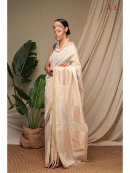 SUTRA CLOTHING - Handloom Cream Pure Cotton Kanchi Saree with Unstitched Blouse