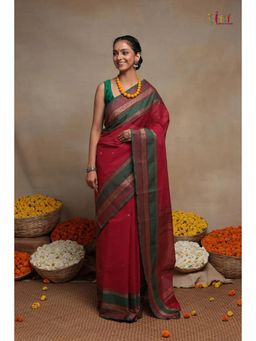 SUTRA CLOTHING - Handloom Red Pure Cotton Kanchi Saree with Unstitched Blouse