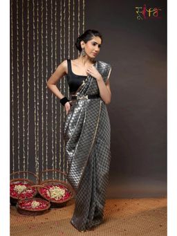 SUTRA CLOTHING - Handloom Silver Chanderi Saree with Unstitched Blouse