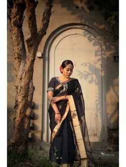 SUTRA CLOTHING - Handloom Black Chanderi Pure Silk Saree with Unstitched Blouse