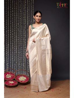 SUTRA CLOTHING - Handloom Cream Tanchoi Banarasi Saree with Unstitched Blouse