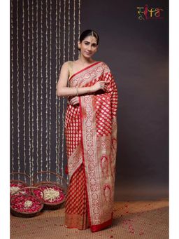 SUTRA CLOTHING - Handloom Red Traditional Banarasi Saree with Unstitched Blouse