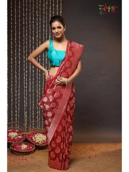 SUTRA CLOTHING - Elegant Cherry Red Silk Tanchoi Banarasi Saree with Unstitched Blouse