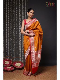 SUTRA CLOTHING - Handloom Orange Banarasi Kanchi Saree with Unstitched Blouse