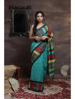 SUTRA CLOTHING - Handloom Green Hand Painted Pure Silk Saree with Unstitched Blouse
