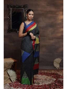 SUTRA CLOTHING - Black Handloom Pure Silk Hand Painted Saree with Unstitched Blouse