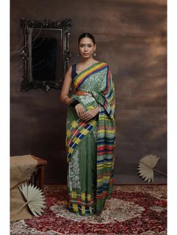 SUTRA CLOTHING - Leaf Green Handloom Hand Painted Saree with Unstitched Blouse