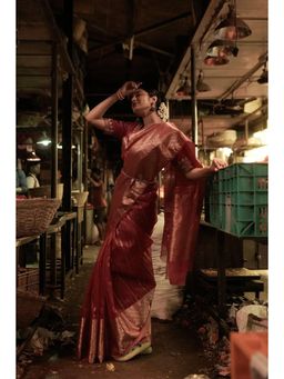 SUTRA CLOTHING - Red Handloom Chanderi Pure Katan Silk Saree with Unstitched Blouse