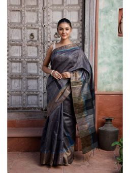SUTRA CLOTHING - Handloom Grey Kosa Silk Saree with Unstitched Blouse