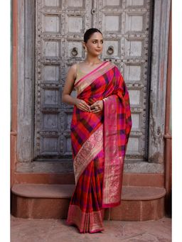 SUTRA CLOTHING - Handloom Multi-Colour Checks Banarasi Saree with Unstitched Blouse