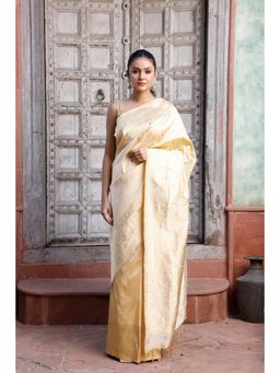 SUTRA CLOTHING - Handloom Cream Pure Silk Banarasi Saree with Unstitched Blouse