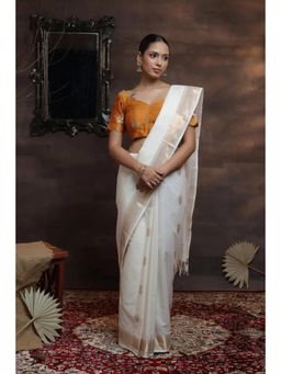 SUTRA CLOTHING - Off White Handloom Pure Cotton Saree with Unstitched Blouse