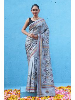 SUTRA CLOTHING - Handloom Grey Pure Silk Floral Kantha Saree with Unstitched Blouse