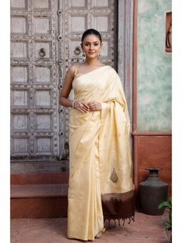 SUTRA CLOTHING - Handloom Cream Contemporary Kanchi Pattu Saree with Unstitched Blouse