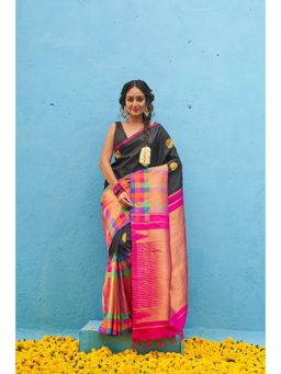 SUTRA CLOTHING - Handloom Black Kanjeevaram Saree with Unstitched Blouse and Gold Zari