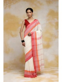 SUTRA CLOTHING - Handloom White and Red Cotton Soft Cotton Saree with Unstitched Blouse