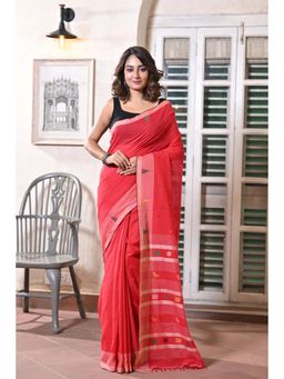 SUTRA CLOTHING - Handloom Red Soft Cotton Jamdani Saree with Unstitched Blouse
